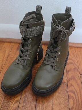 Michael Kors Olive Green Lace-Up Combat Boots with MK Ankle Strap